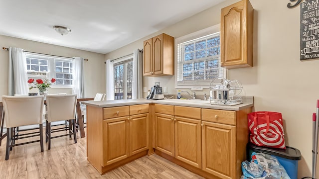 9148 Brandywine Dr, Tobyhanna, PA 18466 - kitchen featuring light wood-style floors, a sink, light countertops, and a peninsula