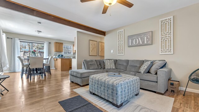 9148 Brandywine Dr, Tobyhanna, PA 18466 - living room with ceiling fan, light wood-style floors, baseboards, and beam ceiling