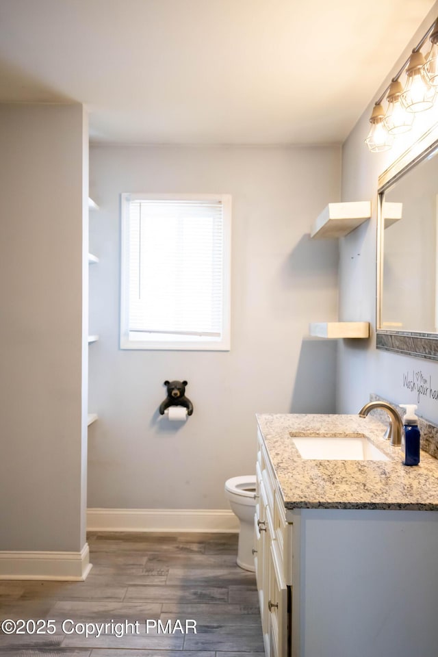 bathroom featuring vanity, toilet, and hardwood / wood-style floors