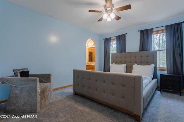 carpeted bedroom with ensuite bath, baseboards, multiple windows, and arched walkways