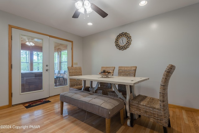 dining room featuring baseboards, light wood-style flooring, ceiling fan, french doors, and recessed lighting