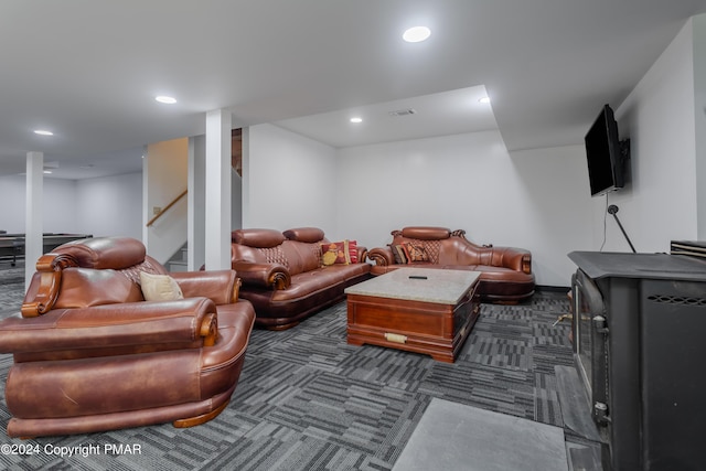 game room featuring recessed lighting, visible vents, and dark carpet