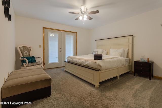 carpeted bedroom featuring ceiling fan, french doors, and access to exterior