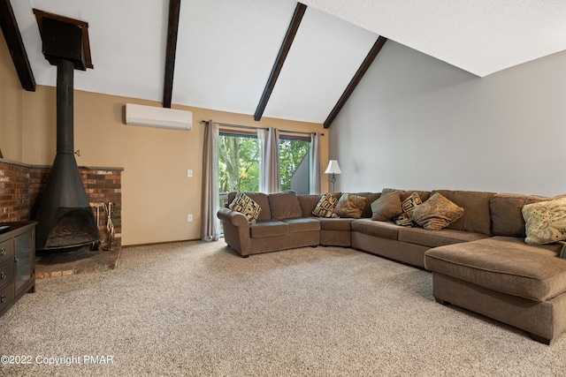 living room featuring carpet, a wood stove, beam ceiling, and a wall mounted AC