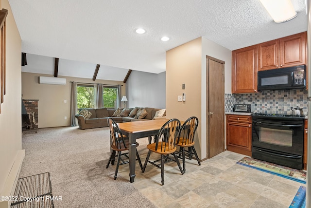 kitchen with backsplash, brown cabinetry, open floor plan, a wall mounted air conditioner, and black appliances