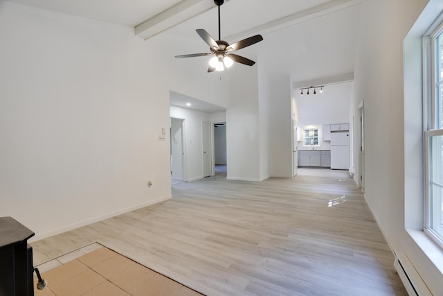 3119 Essex Rd, Coolbaugh Township, PA 18466 - unfurnished living room with a baseboard radiator, a ceiling fan, beamed ceiling, high vaulted ceiling, and light wood-style floors
