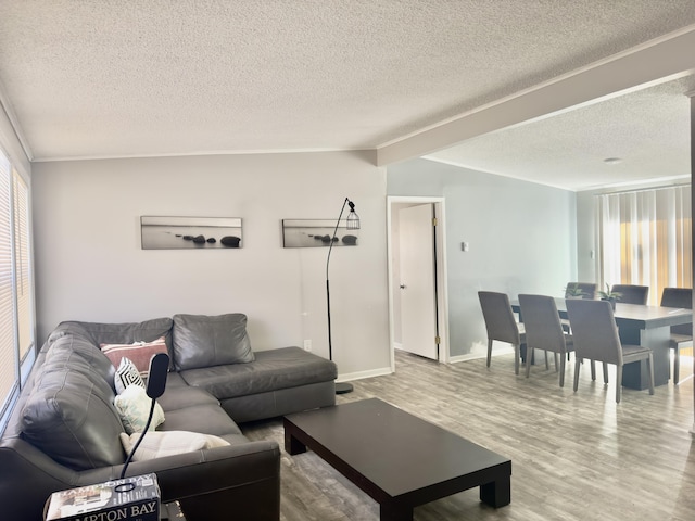 living area featuring plenty of natural light, a textured ceiling, and wood finished floors