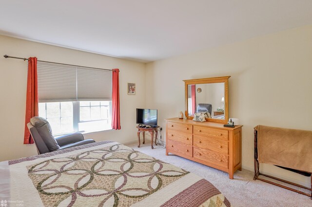 bedroom featuring light colored carpet