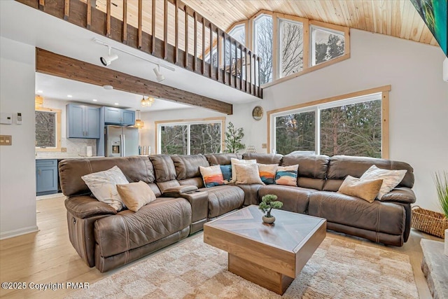 living room featuring track lighting, light hardwood / wood-style floors, high vaulted ceiling, and wooden ceiling