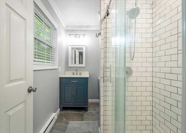 1572 Gardner Rd, Stroudsburg, PA 18360 - bathroom with crown molding, a stall shower, a baseboard heating unit, and vanity