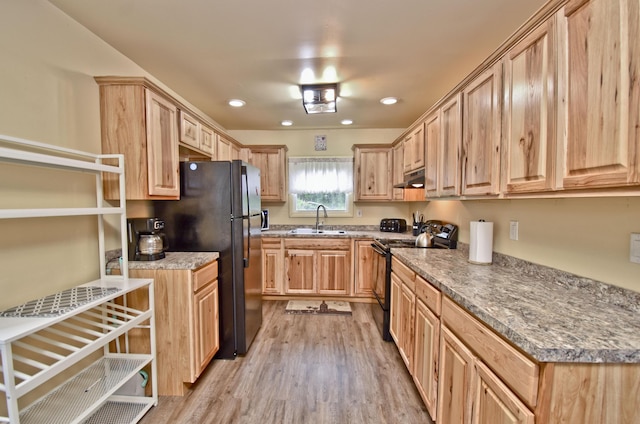 594 Sullivan Trl, Long Pond, PA 18334 - kitchen with black appliances, light brown cabinets, light wood finished floors, under cabinet range hood, and recessed lighting