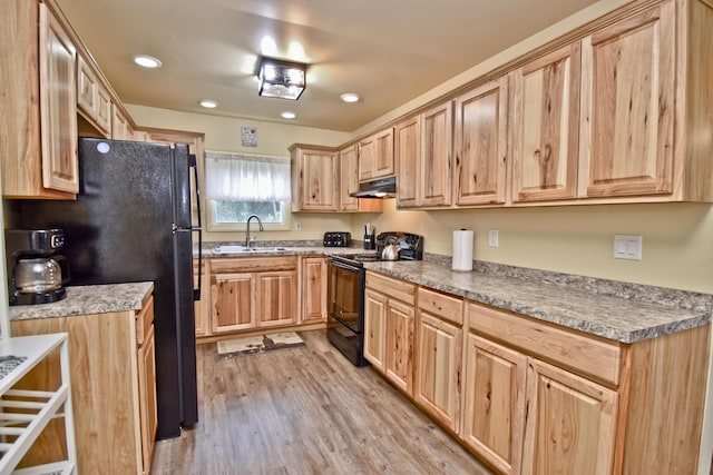 594 Sullivan Trl, Long Pond, PA 18334 - kitchen with black appliances, light brown cabinetry, light wood-style flooring, under cabinet range hood, and recessed lighting