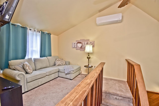 594 Sullivan Trl, Long Pond, PA 18334 - living room featuring a wall mounted air conditioner, lofted ceiling, ceiling fan, and carpet floors