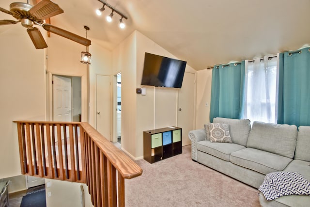 594 Sullivan Trl, Long Pond, PA 18334 - living area with vaulted ceiling, carpet flooring, track lighting, and a ceiling fan
