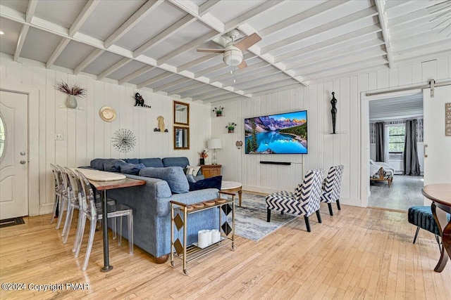 188 Olde Schoolhouse Rd, Cresco, PA 18326 - living area featuring beam ceiling, light wood-style floors, and ceiling fan