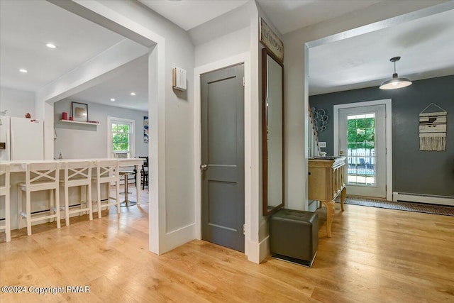 188 Olde Schoolhouse Rd, Cresco, PA 18326 - hallway featuring recessed lighting, a baseboard heating unit, and light wood finished floors