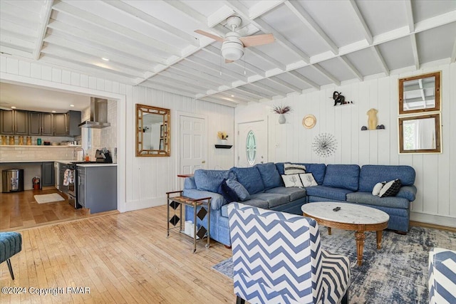 188 Olde Schoolhouse Rd, Cresco, PA 18326 - living area with ceiling fan, beamed ceiling, and light wood-style flooring