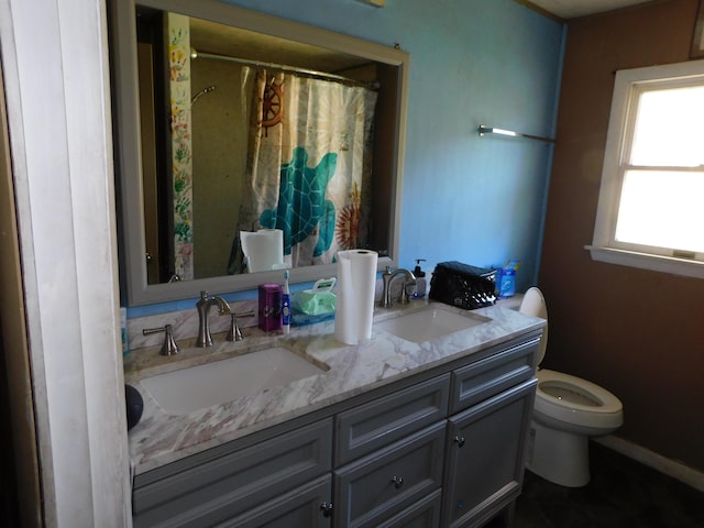 1212 Lower Cherry Valley Rd, Stroudsburg, PA 18360 - full bath with double vanity, a sink, a shower with shower curtain, and toilet
