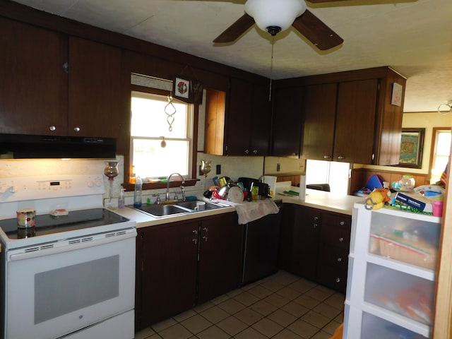 1212 Lower Cherry Valley Rd, Stroudsburg, PA 18360 - kitchen featuring white electric range oven, ceiling fan, under cabinet range hood, a sink, and light tile patterned floors