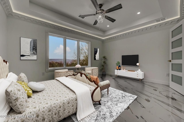 bedroom with recessed lighting, visible vents, baseboards, marble finish floor, and a tray ceiling