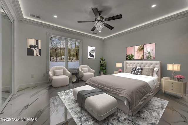 bedroom with marble finish floor, baseboards, visible vents, and recessed lighting