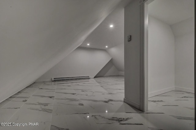 bonus room with a baseboard heating unit, lofted ceiling, marble finish floor, and recessed lighting