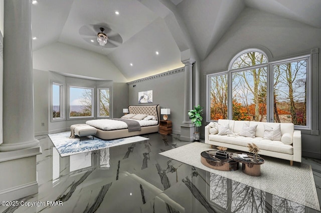 bedroom featuring marble finish floor, multiple windows, baseboards, and ornate columns