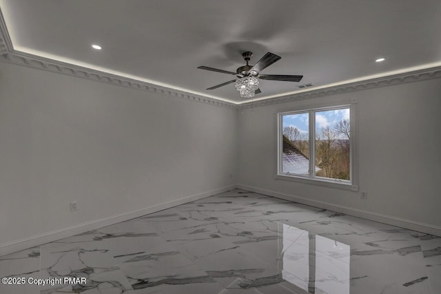 spare room with marble finish floor, recessed lighting, visible vents, a ceiling fan, and baseboards