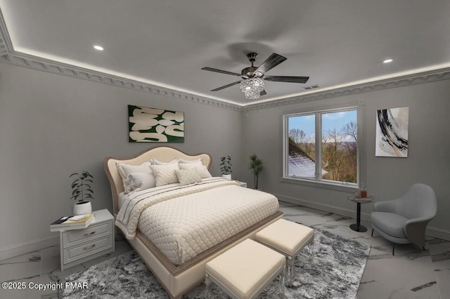 bedroom with marble finish floor, visible vents, and baseboards