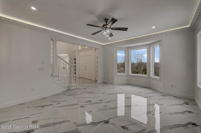707 Kennedy Ct, East Stroudsburg, PA 18301 - spare room with baseboards, recessed lighting, ceiling fan, stairway, and light marble finish floors