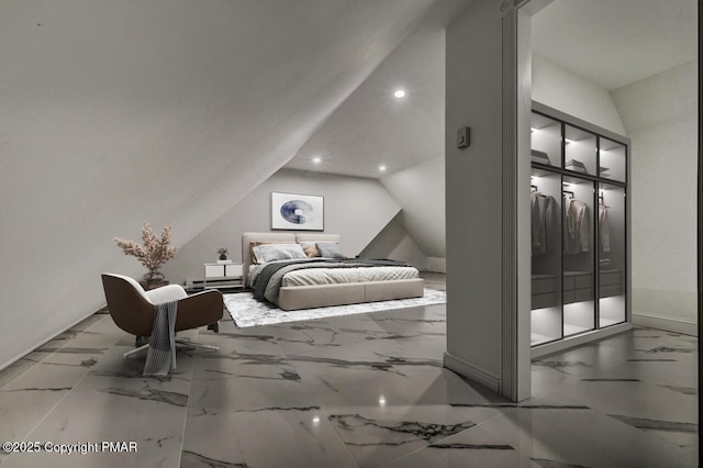 bedroom featuring lofted ceiling, marble finish floor, and recessed lighting