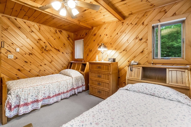 2173 Tuscarora Dr, Pocono Lake, PA 18347 - bedroom featuring carpet flooring, wood walls, a wood ceiling with exposed beams, and ceiling fan