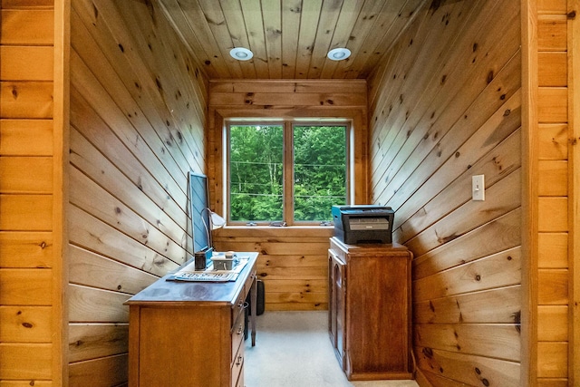 2173 Tuscarora Dr, Pocono Lake, PA 18347 - office space with wood walls, wooden ceiling, and light carpet