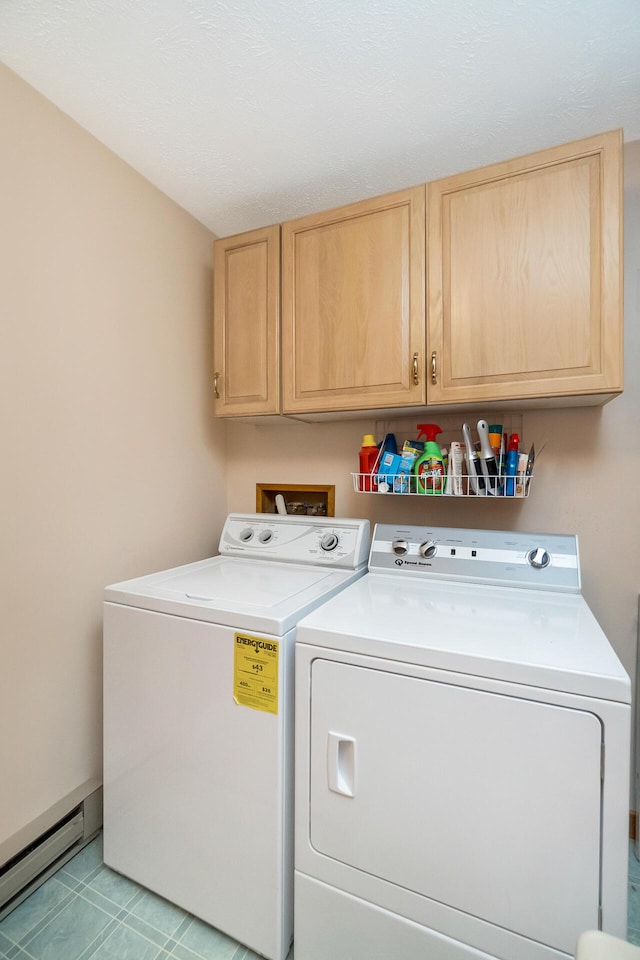 2173 Tuscarora Dr, Pocono Lake, PA 18347 - laundry area featuring washer and clothes dryer, cabinet space, and a baseboard radiator