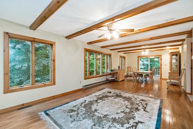2173 Tuscarora Dr, Pocono Lake, PA 18347 - living room with a baseboard heating unit, a ceiling fan, wood finished floors, and beamed ceiling