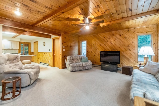 2173 Tuscarora Dr, Pocono Lake, PA 18347 - living room with baseboard heating, wood walls, a ceiling fan, carpet flooring, and a wood ceiling with exposed beams