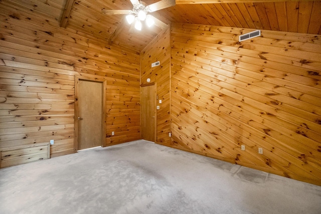 2173 Tuscarora Dr, Pocono Lake, PA 18347 - carpeted empty room with wooden ceiling, wooden walls, lofted ceiling, and a ceiling fan