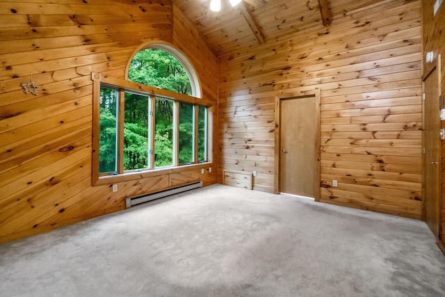 2173 Tuscarora Dr, Pocono Lake, PA 18347 - carpeted empty room with baseboard heating, wooden walls, vaulted ceiling, and wooden ceiling
