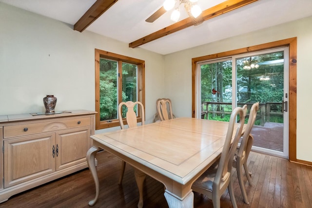 2173 Tuscarora Dr, Pocono Lake, PA 18347 - dining room featuring beam ceiling, dark wood finished floors, and a ceiling fan