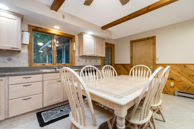 2173 Tuscarora Dr, Pocono Lake, PA 18347 - dining room with beam ceiling, wooden walls, wainscoting, a ceiling fan, and light tile patterned flooring