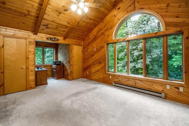 2173 Tuscarora Dr, Pocono Lake, PA 18347 - unfurnished bedroom featuring baseboard heating, wood walls, wood ceiling, light colored carpet, and high vaulted ceiling