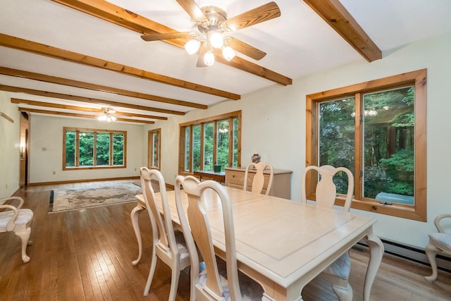 2173 Tuscarora Dr, Pocono Lake, PA 18347 - dining space featuring beamed ceiling, ceiling fan, plenty of natural light, and hardwood / wood-style floors