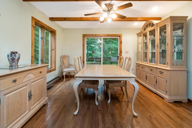 2173 Tuscarora Dr, Pocono Lake, PA 18347 - dining space with plenty of natural light, beamed ceiling, hardwood / wood-style floors, ceiling fan, and a baseboard radiator