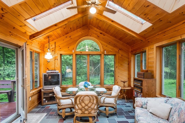 2173 Tuscarora Dr, Pocono Lake, PA 18347 - sunroom / solarium featuring a skylight, lofted ceiling, wood walls, and stone tile flooring