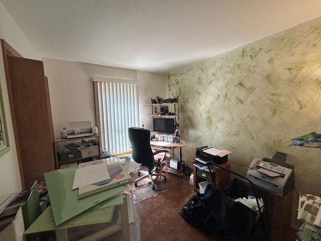 office space featuring wallpapered walls