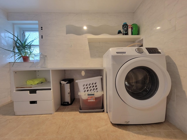 1025 Cricket Ln, Long Pond, PA 18334 - washroom featuring washer / dryer, tile walls, and light tile patterned flooring