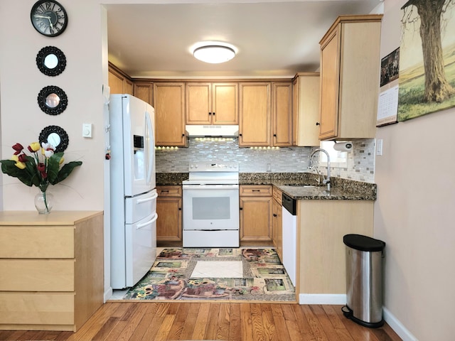 1025 Cricket Ln, Long Pond, PA 18334 - kitchen with white appliances, under cabinet range hood, light wood-style floors, and tasteful backsplash
