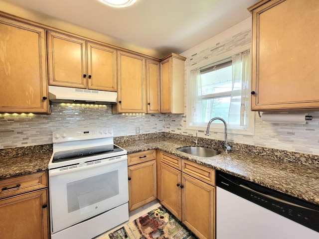 1025 Cricket Ln, Long Pond, PA 18334 - kitchen with white appliances, under cabinet range hood, and backsplash