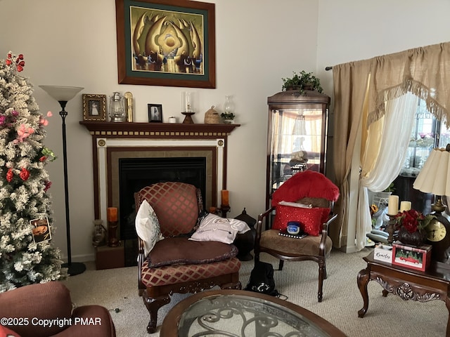 living area featuring a fireplace and carpet flooring