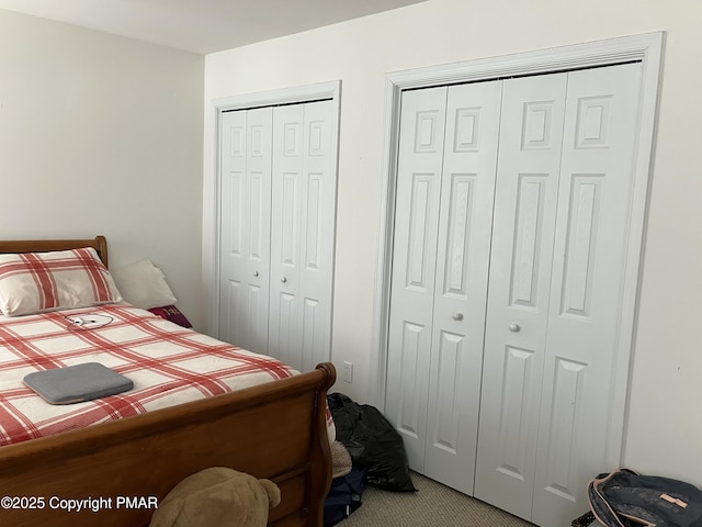 bedroom with multiple closets and carpet